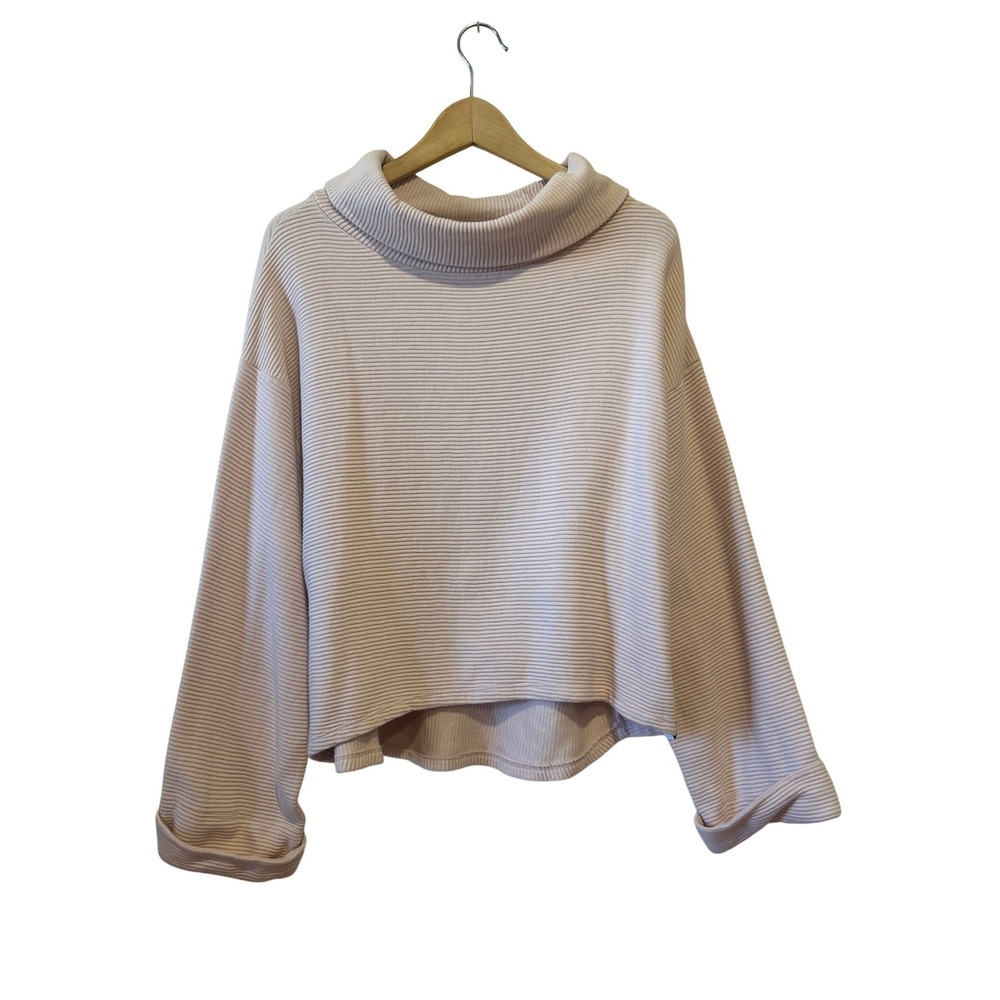 Varley Pullover Top Size L Boxy Pink Ribbed Cowl Neck High Low Hem Cotton Chic